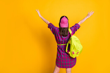 Fototapeta na wymiar Back side photo of young lady raising hands wear mini pink dress bag hat isolated on yellow color background