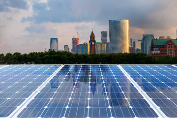 Solar panel over cityscapes, solar power green energy for life concept,New York City USA,
