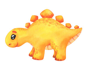 Yellow stegosaurus. Cartoon dinosaur with wings. Children's watercolor illustration isolated on a white background. Cute character for decor, sticker, print with historical animals © Анна Сухова