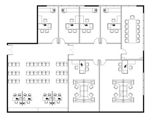 An office layout drawing complete with the office furniture in 2D CAD drawing. Drawing in black in white. 