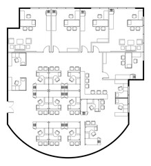 An office layout drawing complete with the office furniture in 2D CAD drawing. Drawing in black in white. 