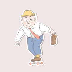 Sticker elderly man wearing a hat and carrying a briefcase on a skateboard.Vector illustration in cartoon style.