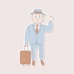 Obraz na płótnie Canvas Sticker old man standing with suitcase.Vector illustrationcartoon design.