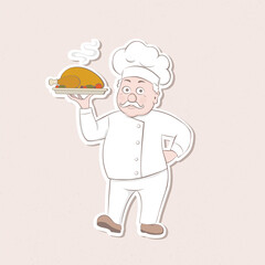 Sticker chef in cook cap keeping tray for hot dish and showing ok sign. Vector cartoon illustration.