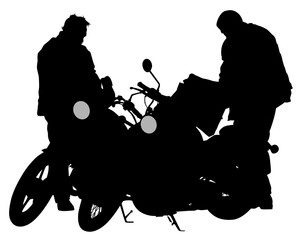 Man and woman in protective clothing rides a retro bike. Isolated silhouette on a white background