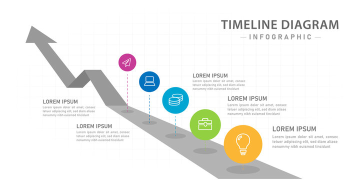 Infographic template for business. 5 Steps Modern Timeline diagram with roadmap and circles.