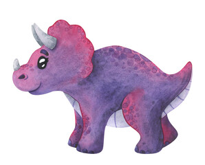 Purple Triceratops. Cartoon dinosaur with wings. Children's watercolor illustration isolated on a white background. Cute character for decor, sticker, print with historical animals © Анна Сухова