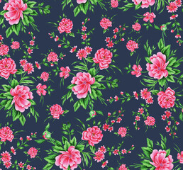 Flower pattern. Pink  bouquets peonies on dark background. Idea for textiles, prints for clothes and other. Hand drawn. Watercolor. Illustration.

