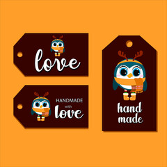 Labels for toys handmade with love hand drawn lettering stylish tags for your product. Dark background with cute penguin. Sketch for your business.