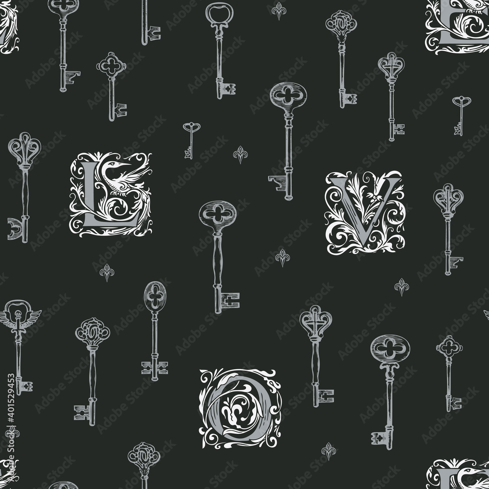 Poster seamless pattern on the theme of love with vintage keys and initial letters l o v e in retro style. 