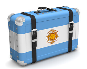 Stylish suitcase with the national Flag of Argentina. Retro suitcase with the national Flag of the Argentine Republic stands on a white surface. 3D illustration