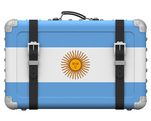 Stylish suitcase with the national Flag of Argentina. Retro suitcase with the national Flag of the Argentine Republic stands on a white surface. 3D illustration