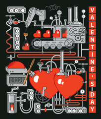 Valentine card with a decorative factory of love on the black background. Vector illustration on the theme of Valentine's Day with red hearts, love conveyor, laboratory or industrial equipment.