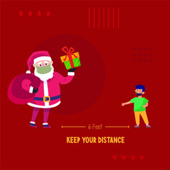 Social distancing with cute Christmas cartoon character, with surgical mask. Corona virus protection. Vector For Christmas cards.