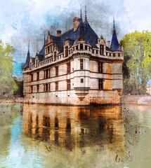 Beautiful castle "Chateau of Azay le Rideau" Loire Valley, France - Sketch style illustration