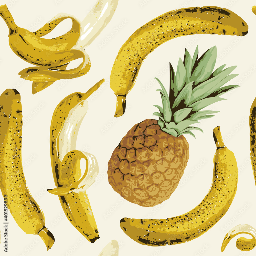 Aufkleber seamless pattern with ripe bananas and pineapple on a light backdrop. fruit vector background with w