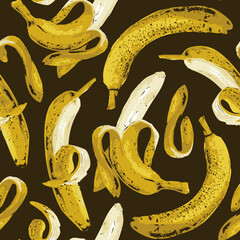 Seamless pattern with ripe bananas on a dark backdrop. Sweet tropical fruit vector background with whole and half peeled bananas, suitable for wallpaper, wrapping paper, fabric, textile, summer design