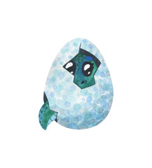 Green baby dinosaur hatched from an egg. Cartoon dinosaur in a shell. Children's watercolor illustration isolated on a white background. Cute character for decor, sticker, print with historical animal