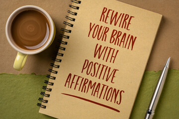 rewire your brain with positive affirmations - inspirational writing in a spiral notebook with a cup of coffee, self improvement and personal development concept