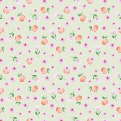 Seamless sweet peaches pattern on light yellow background. Spring mood surface design