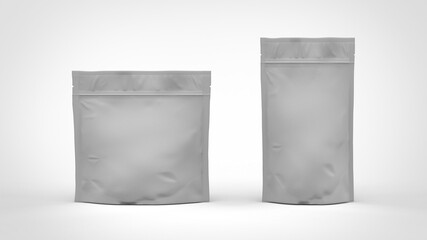 Tall and low white doy pack coffee bag for beans with zipper mockup 3d rendering image isolated top view on white background