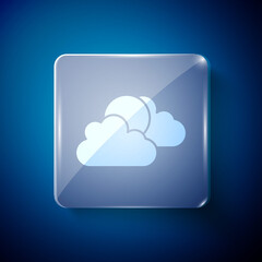 White Sun and cloud weather icon isolated on blue background. Square glass panels. Vector.