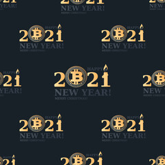 BITCOIN 2021. HAPPY NEW YEAR. MERRY CHRISTMAS. Design seamless pattern. Crypto currency coin and big numbers isolated on dark background. Vector illustration.