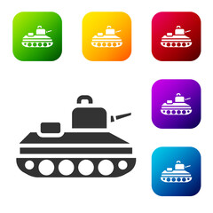 Black Military tank icon isolated on white background. Set icons in color square buttons. Vector.