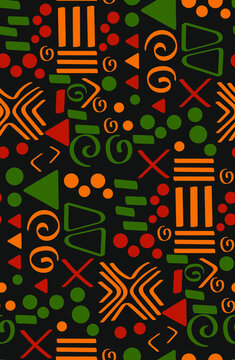 Tribal African Ethnic Seamless Pattern With Simple Lines And Figures In Red, Yellow And Green. Vector Traditional Memphis Ornament For Background, Textile, Paper, Fabric. Kwanzaa, Black History Month