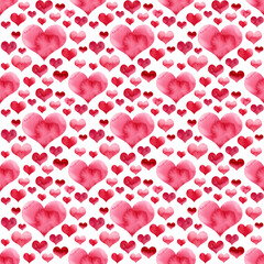 Watercolor illustration. Pink hearts on a white background. Seamless pattern. Valentine's Day. Love