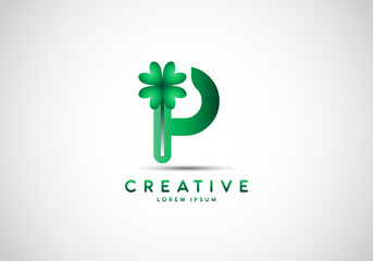 Letter P Lucky Clover Leaf Logo, lucky initials, a combination of leaf and letter.