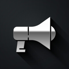 Silver Megaphone icon isolated on black background. Speaker sign. Long shadow style. Vector.