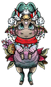 Isolated cartoon character in full growth, small cute Christmas cow with big eyes and ears, with horns - lollipops and garland, in cap and scarf, in dress and socks, with candy, leaves and orange.
