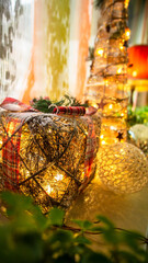 Christmas decoration in a restaurant with lights and gifts