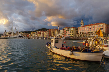 Imperia Oneglia harbour in evening, Italy