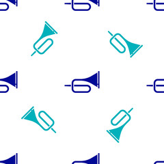 Blue Musical instrument trumpet icon isolated seamless pattern on white background. Vector.
