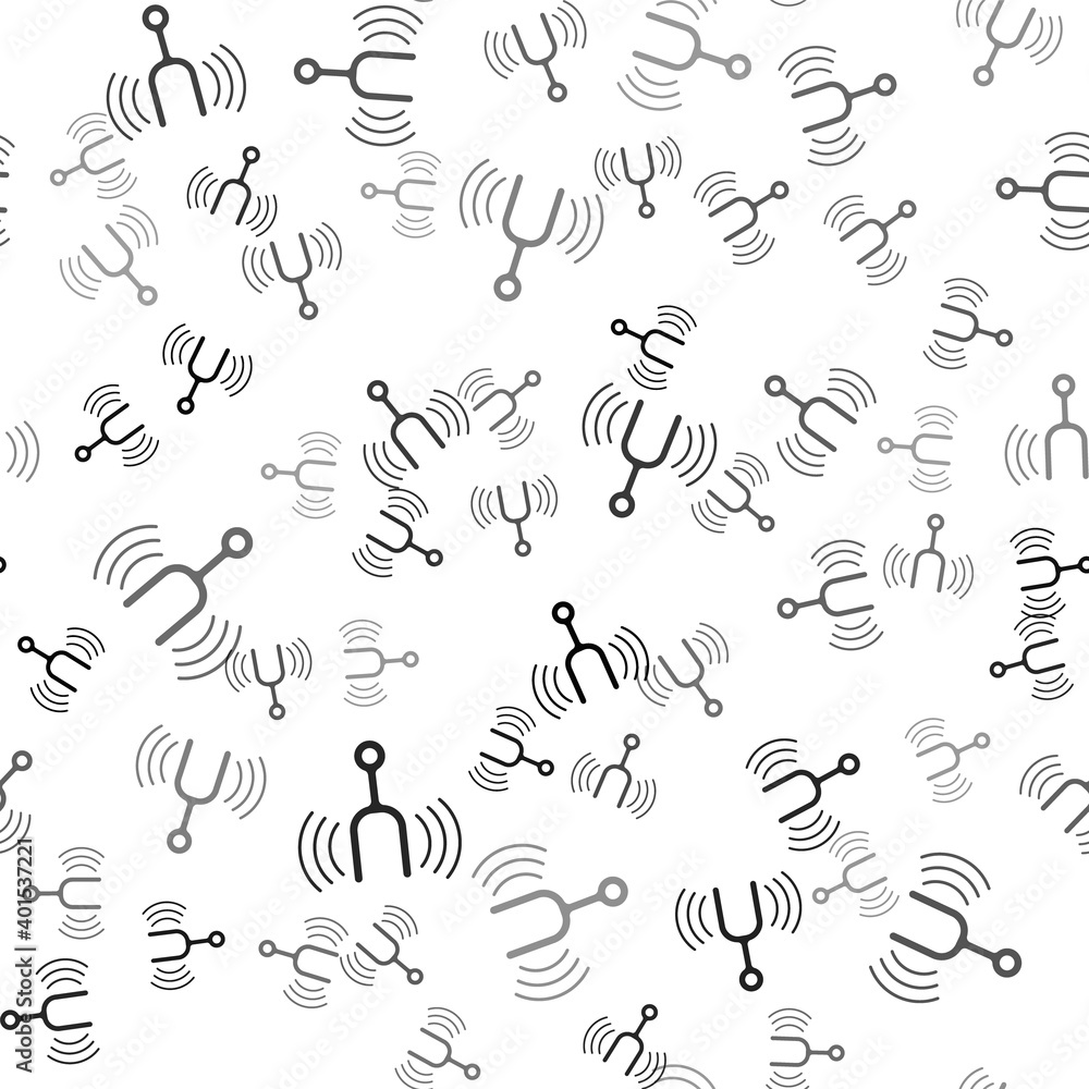 Poster black musical tuning fork for tuning musical instruments icon isolated seamless pattern on white bac