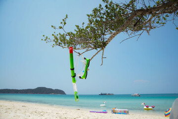 Summer Background , white sand beach on island with summer prop