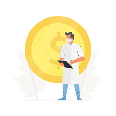 The doctor stands in front of a large gold coin. Health insurance for the whole family concept vector illustration.
