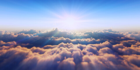 Beautiful aerial view above clouds with sunset. 3d illustration