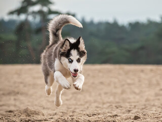Handsom Yakutian Laika dog pup, odd eyed and black masked. Running jumping in the sand, facing front