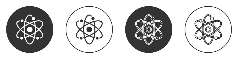 Black Atom icon isolated on white background. Symbol of science, education, nuclear physics, scientific research. Circle button. Vector.
