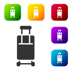Black Suitcase for travel icon isolated on white background. Traveling baggage sign. Travel luggage icon. Set icons in color square buttons. Vector.