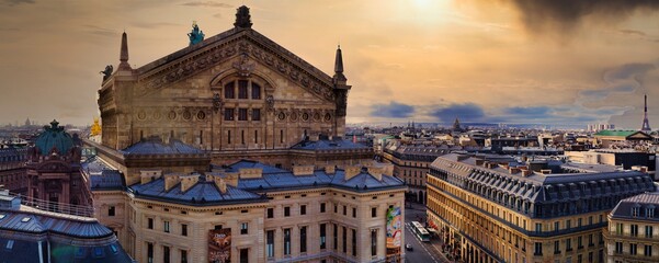 Fototapeta na wymiar The panoramic View from the Rooftop of Galeries Lafayette with Opera Garnier in the foreground, Paris roofs and Eiffel Tower