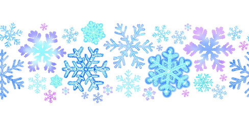 Cute blue and pink snowflakes on white background in a seamless line