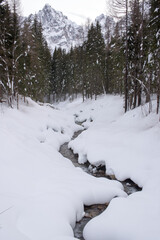 uno splendido paesaggio montano innevato, un fiume scorre i mezzo a montagne di neve, la magia dell'inverno in montagna