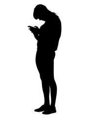 Young woman holds a smartphone in her hand. Isolated silhouettes of people on a white background