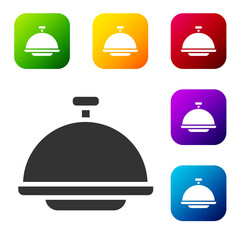 Black Covered with a tray of food icon isolated on white background. Tray and lid sign. Restaurant cloche with lid. Set icons in color square buttons. Vector.