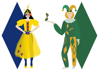 Harlequin and Columbine.  Mardi Gras carnival characters. Isolated vector illustration on white background.