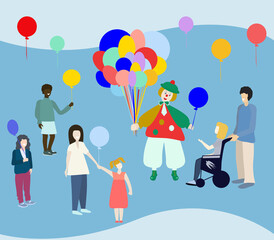 Obraz na płótnie Canvas Random acts of kindness day. Clown giving balloons to children. Vector illustration.